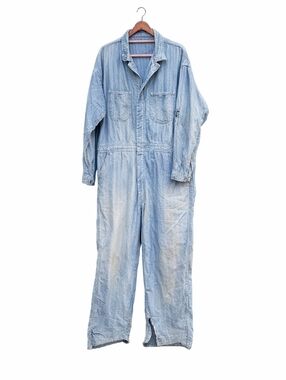 Vintage Distressed Denim Coveralls Workwear Jumpsuit Grunge Faded Blue Thrashed